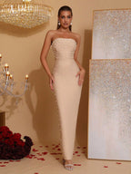 belen Pearl Beaded tube top maxi Dress in apricot