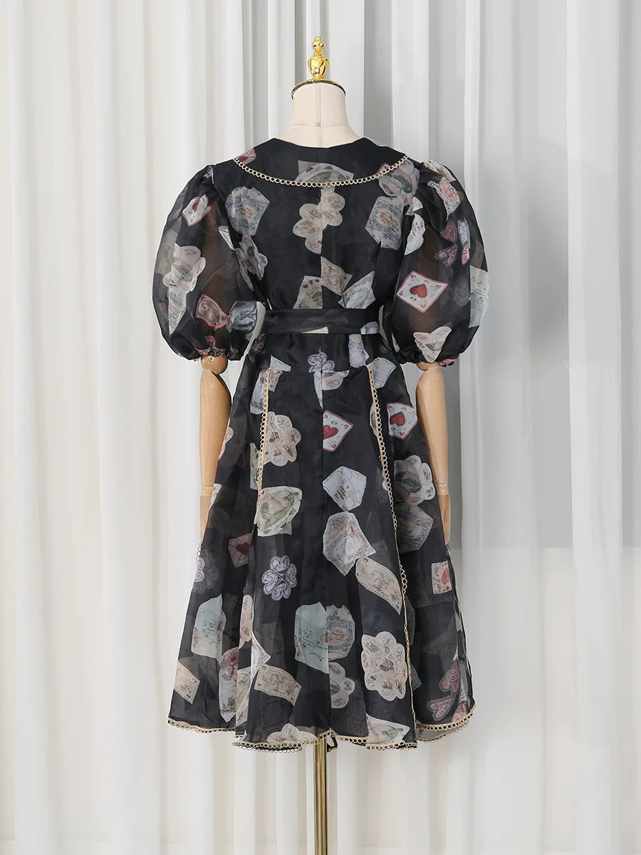 Flowering Girl Women V-Neck Balloon Sleeve Playing Card Print Belted Midi Dress