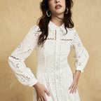 Flowering Girl Women retro single-breasted hollow lace midi dress in white