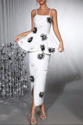 white bodycon midi dress Bandage elastic sling with handmade flower