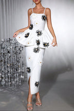 white bodycon midi dress Bandage elastic sling with handmade flower