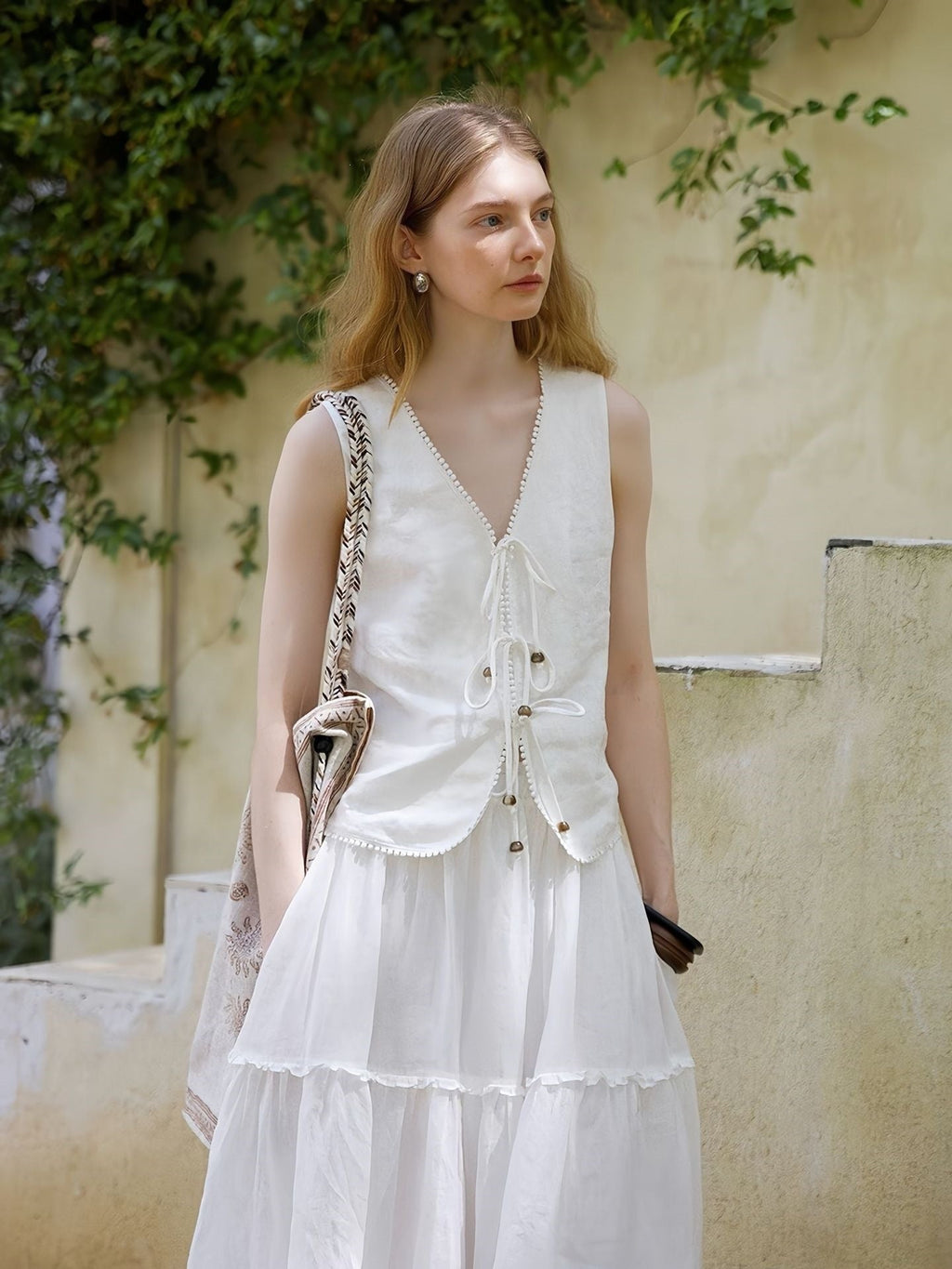 Beaded Linen Lace-Up Access Vest