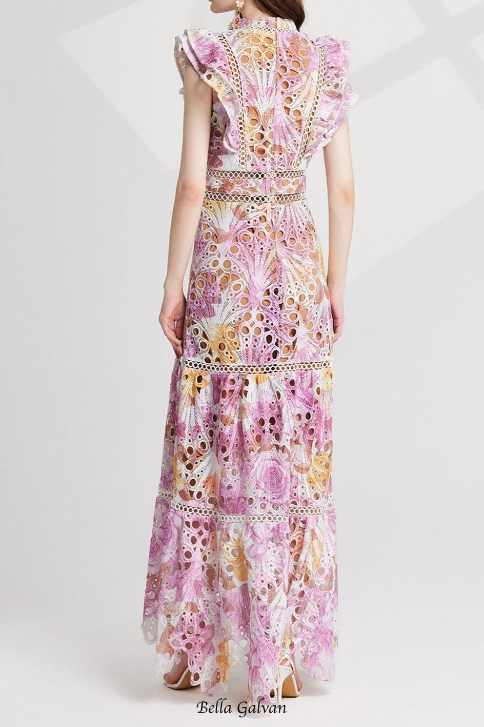 Flowering Girl Women chloe hollow out flower embroidery maxi dress in pink purple