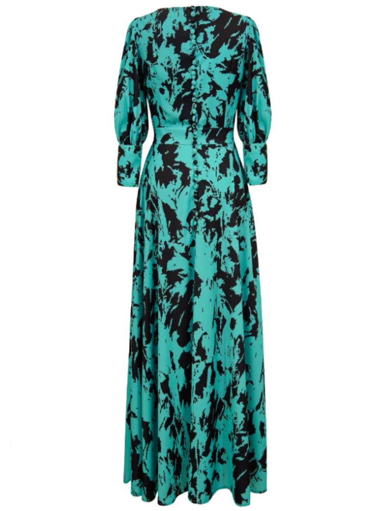 Acetate Satin Floral Dress Women's Vintage Green Lantern Sleeve V-neck Long Skirt Women's Design Sense 2024 Spring/Summer