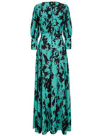 Acetate Satin Floral Dress Women's Vintage Green Lantern Sleeve V-neck Long Skirt Women's Design Sense 2024 Spring/Summer