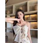 Flowering Girl Women bow floral print Ribbon strapless Mini Dress - beige