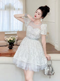 White Lace Sequin Puff Sleeve Mini Dress with Tulle Hem
