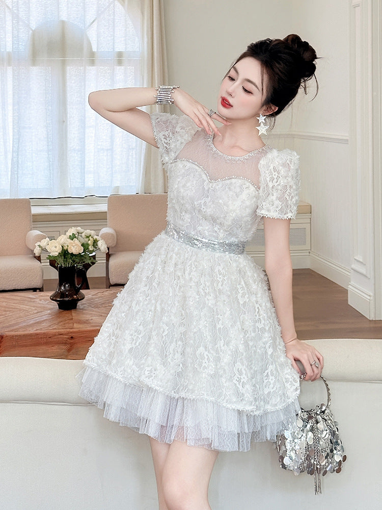 White Lace Sequin Puff Sleeve Mini Dress With Tulle Hem