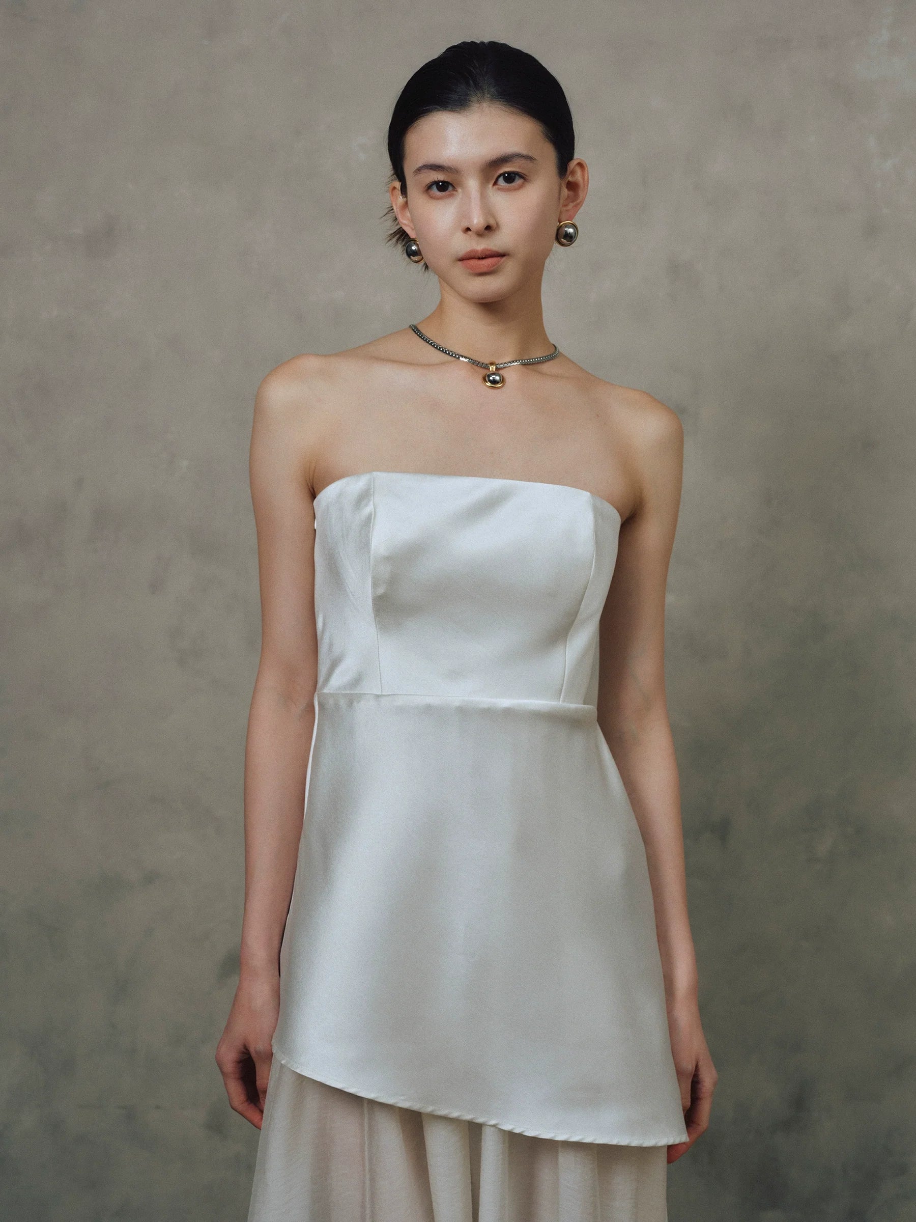 Satin Spliced Tulle  Strapless Maxi Dress In Black And White