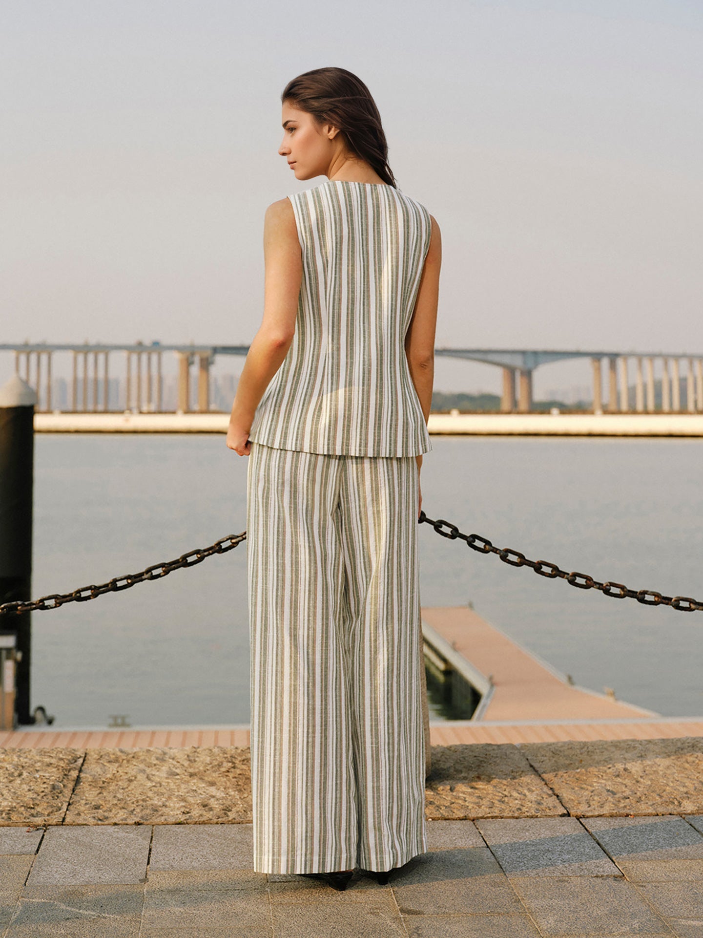 Flowering Girl Women Green White Stripe Linen Sleeveless V-Neck Vest & Wide Leg Pants Two-Piece Set