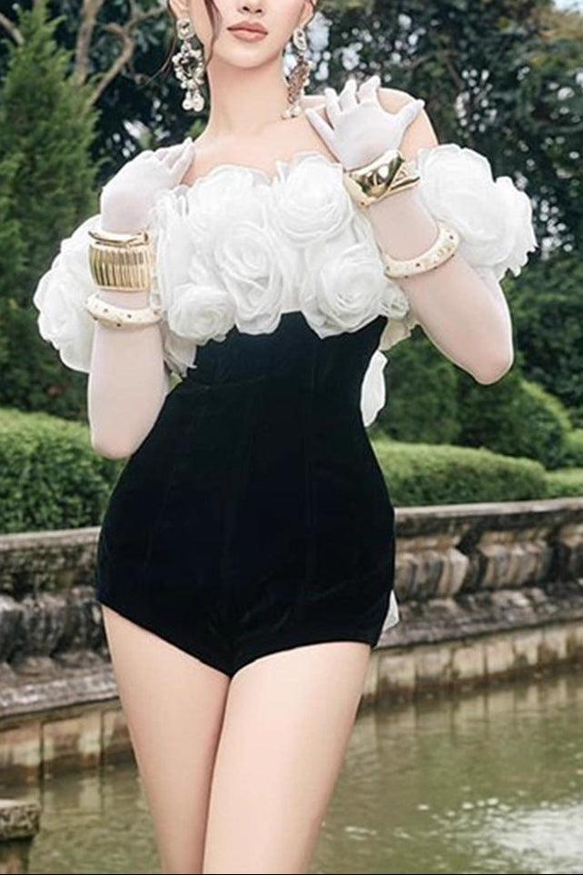Off-Shoulder 3D Flower Bodycon Jumpsuit In Black