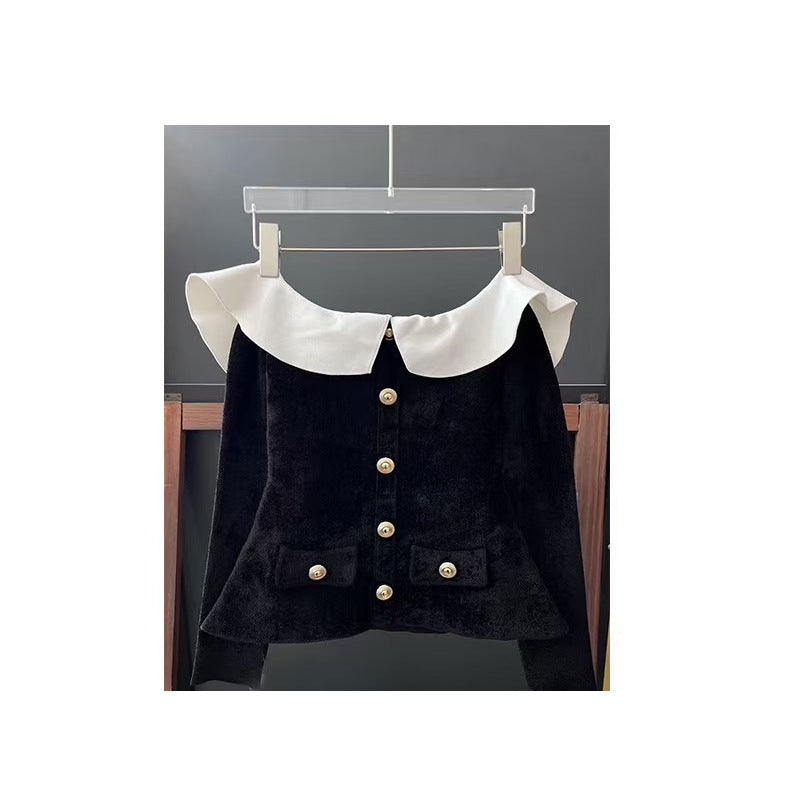 Chenille Knit Off-the-Shoulder Top in black