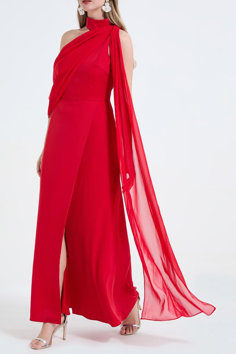 Flowering Girl Women tammy Tailored One-Shoulder Detachable Collar Maxi Dress in red