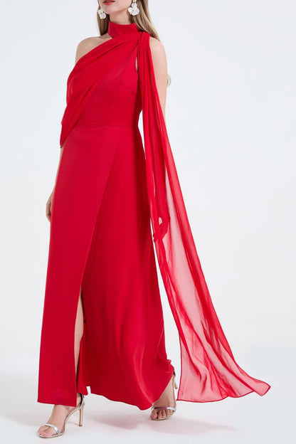 tammy Tailored One-Shoulder Detachable Collar Maxi Dress in red
