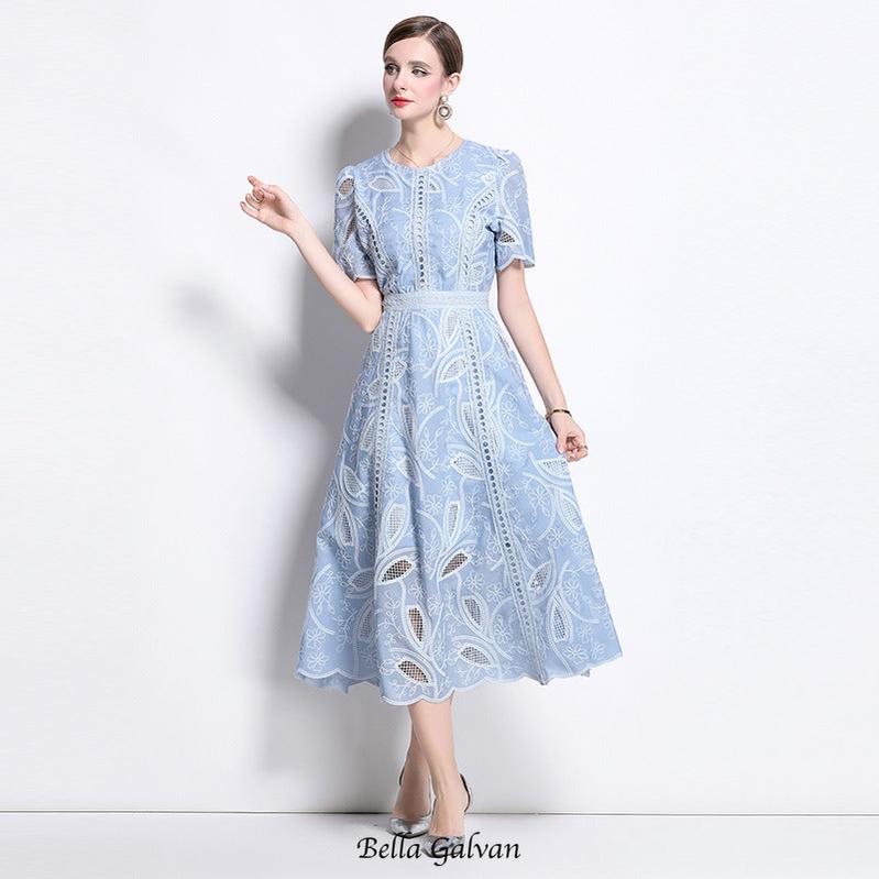 dana hollow embroidery lace midi dress in blue
