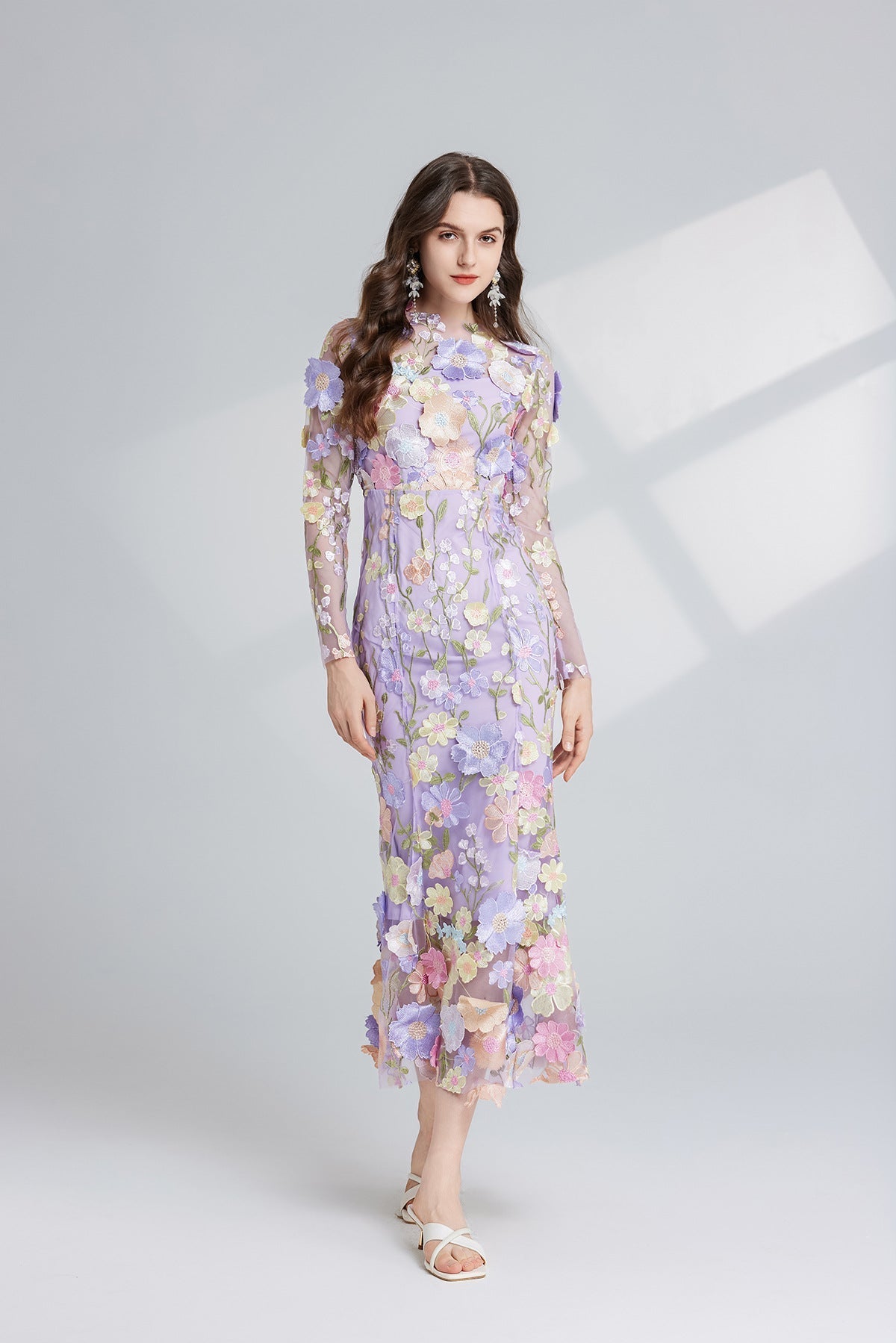 CAROL PURPLE FLORAL EMBROIDERY MESH LONG SLEEVE MIDI DRESS