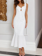 white crochet patchwork backless cotton dress
