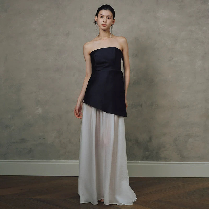 Satin Spliced Tulle Strapless Maxi Dress - White