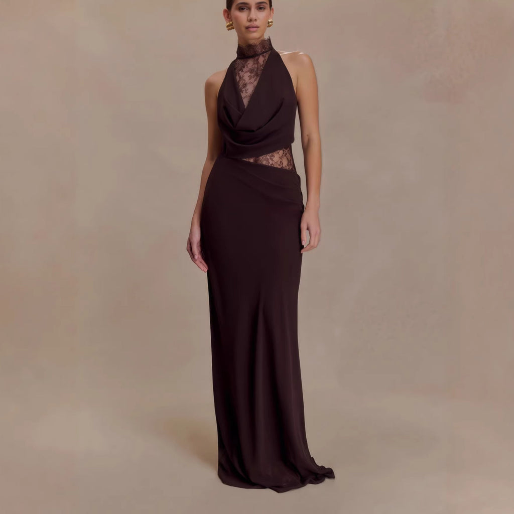 Flowering Girl Women Halter Lace Cutout Draped Maxi Gown