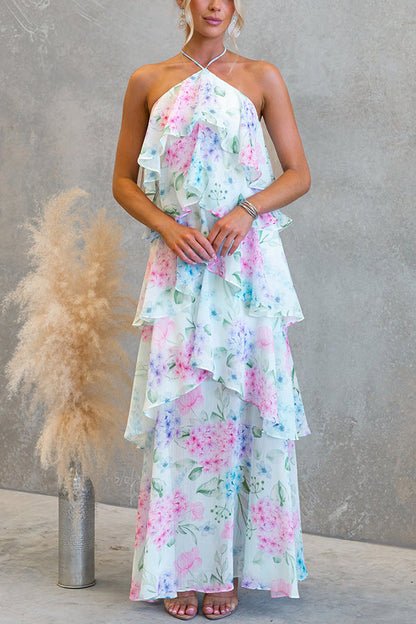 Floral Ruffle Halter Neck Midi Dress - blue
