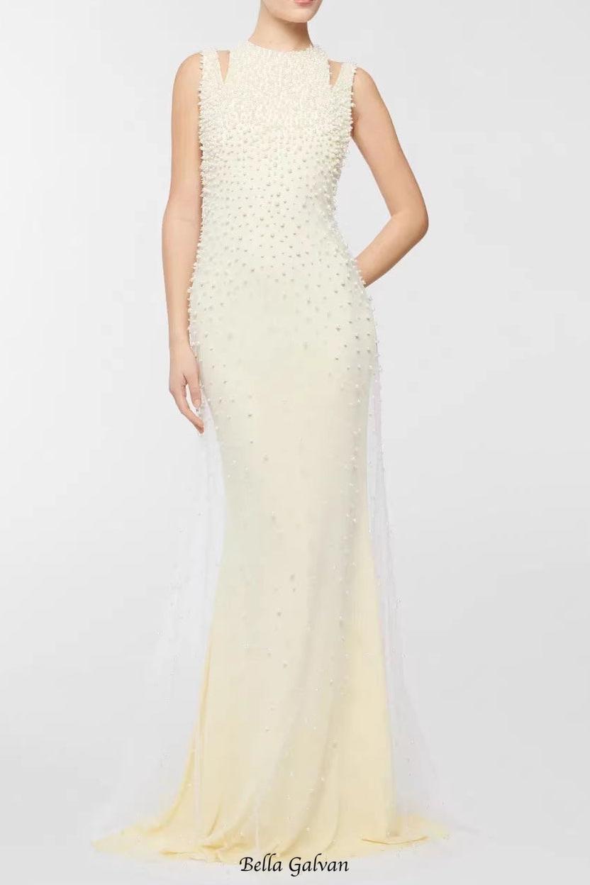 Flowering Girl Women Pearl tassel off-shoulder fishtail maxi dress - yellow