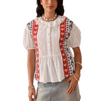 Embroidered Cotton Short-Sleeved Lace Hollow Button Top