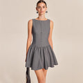 Flowering Girl Women Grey Boat Neck Sleeveless Button Front Gathered Flare Mini Dress