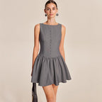 Flowering Girl Women Grey Boat Neck Sleeveless Button Front Gathered Flare Mini Dress