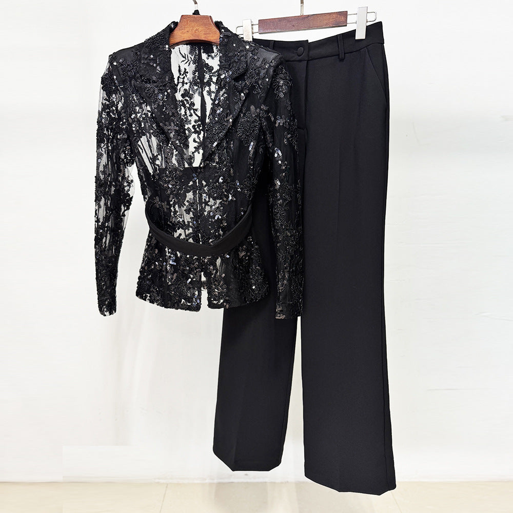 Flowering Girl Women Mesh embroidered beaded jacket & trousers 2-piece set - black