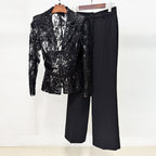 Flowering Girl Women Mesh embroidered beaded jacket & trousers 2-piece set - black