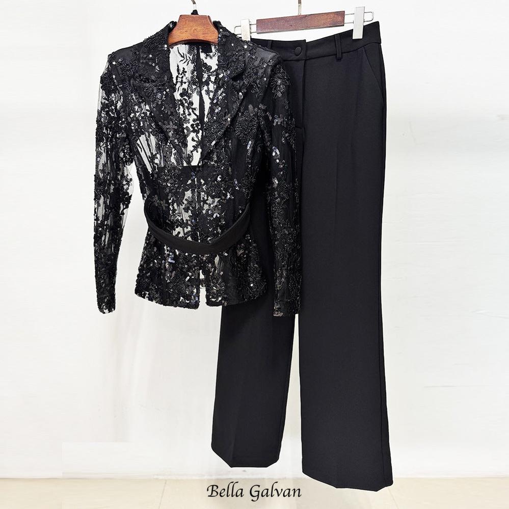 Mesh embroidered beaded jacket & trousers 2-piece set - black