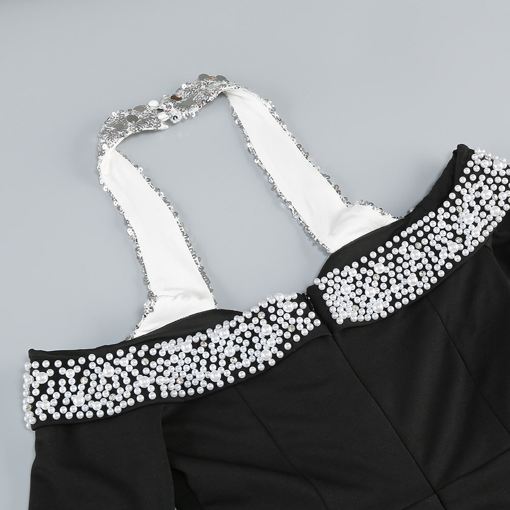 Flowering Girl Women Halter Pearl Crystal-Trim Gown in black