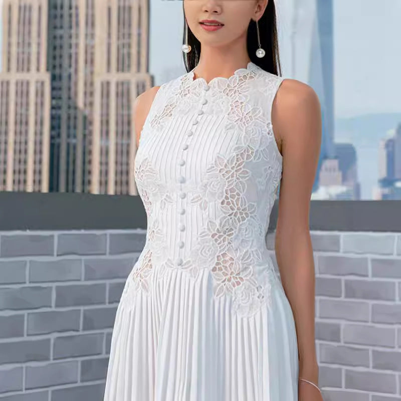 nancy lace embroidery pleated midi dress in white