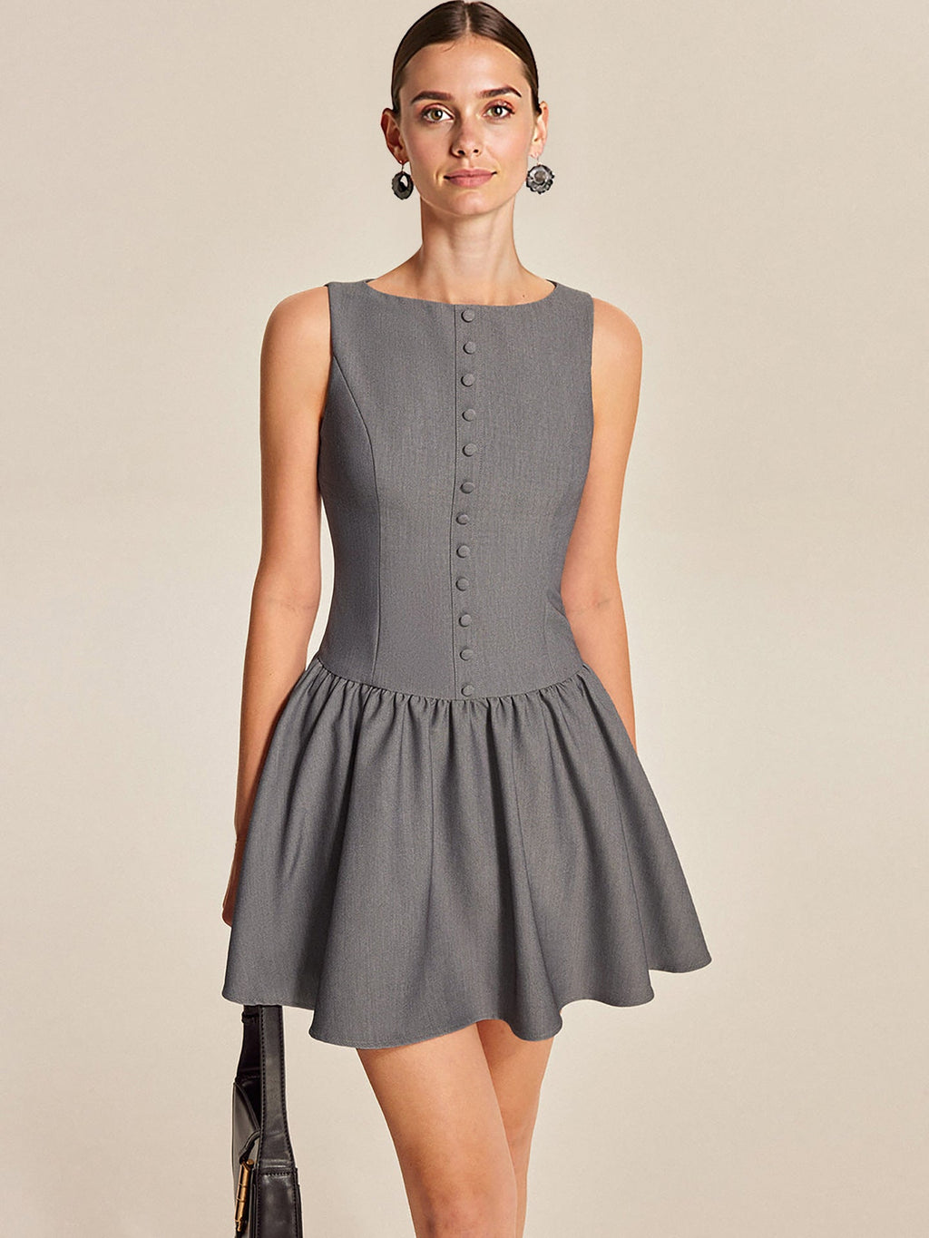 Flowering Girl Women Grey Boat Neck Sleeveless Button Front Gathered Flare Mini Dress