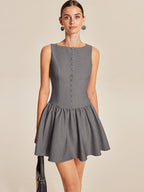 Flowering Girl Women Grey Boat Neck Sleeveless Button Front Gathered Flare Mini Dress