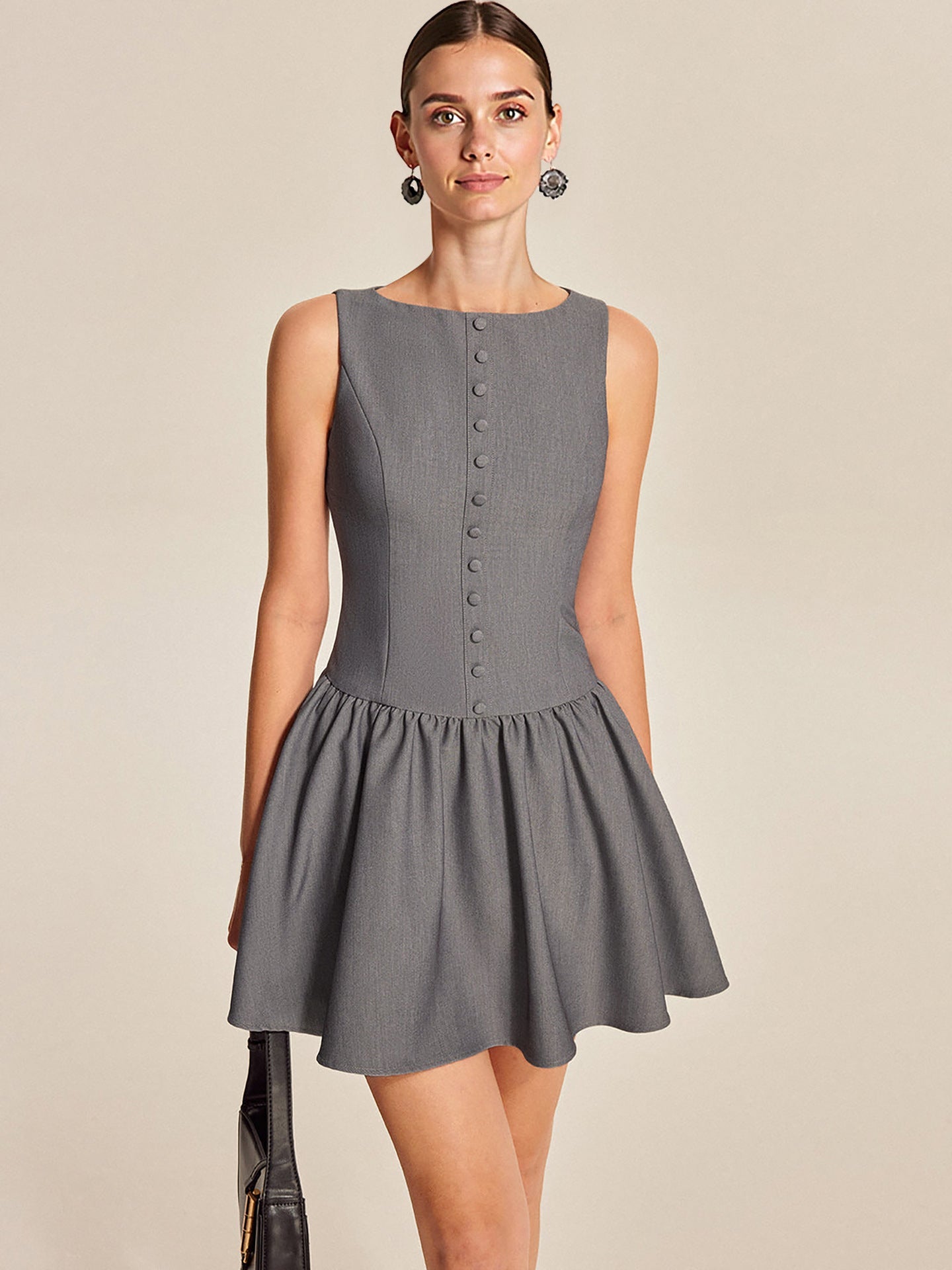 Flowering Girl Women Grey Boat Neck Sleeveless Button Front Gathered Flare Mini Dress