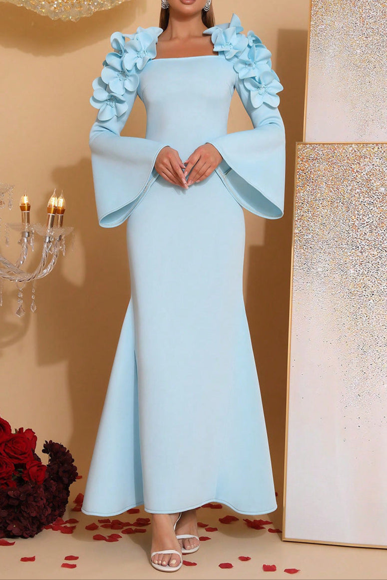 Cynthia 3D Flower Long Sleeve Bodycon Maxi Dress In Blue