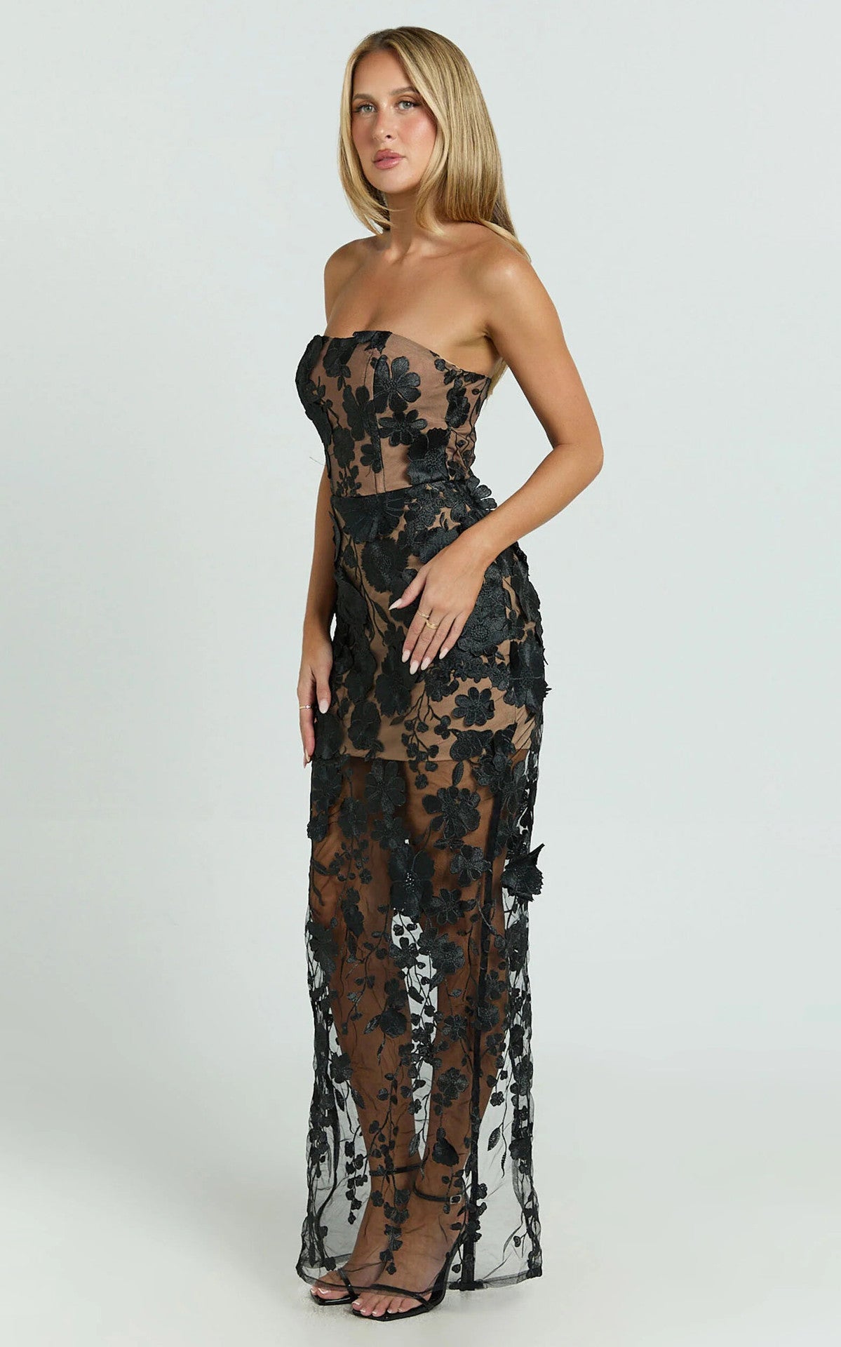Strapless 3D Floral Mesh Maxi Dress