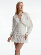 Flowering Girl Women trista white V-neck mesh pleated cinched waist with belt