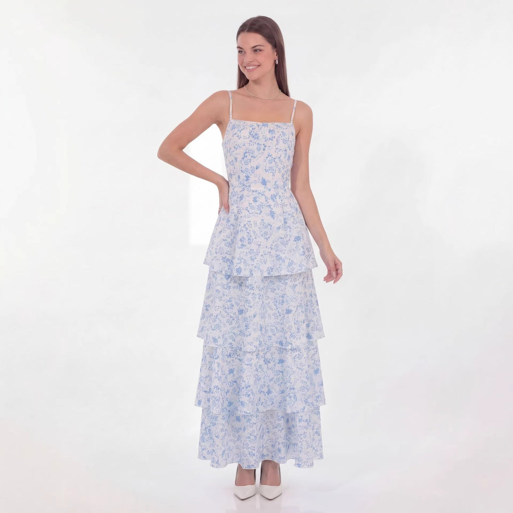 eileen floral print layer strappy maxi dress - blue