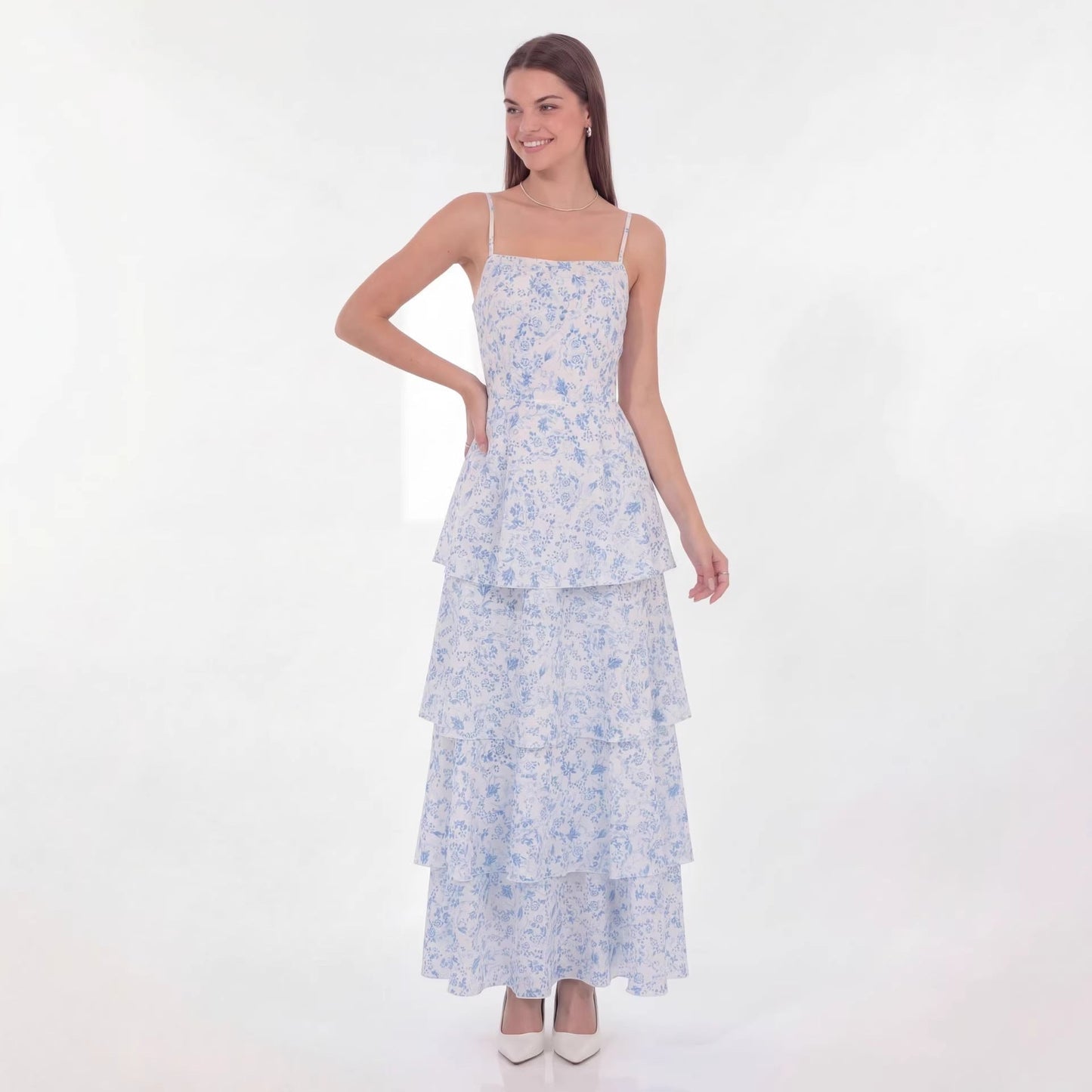 eileen floral print layer strappy maxi dress - blue