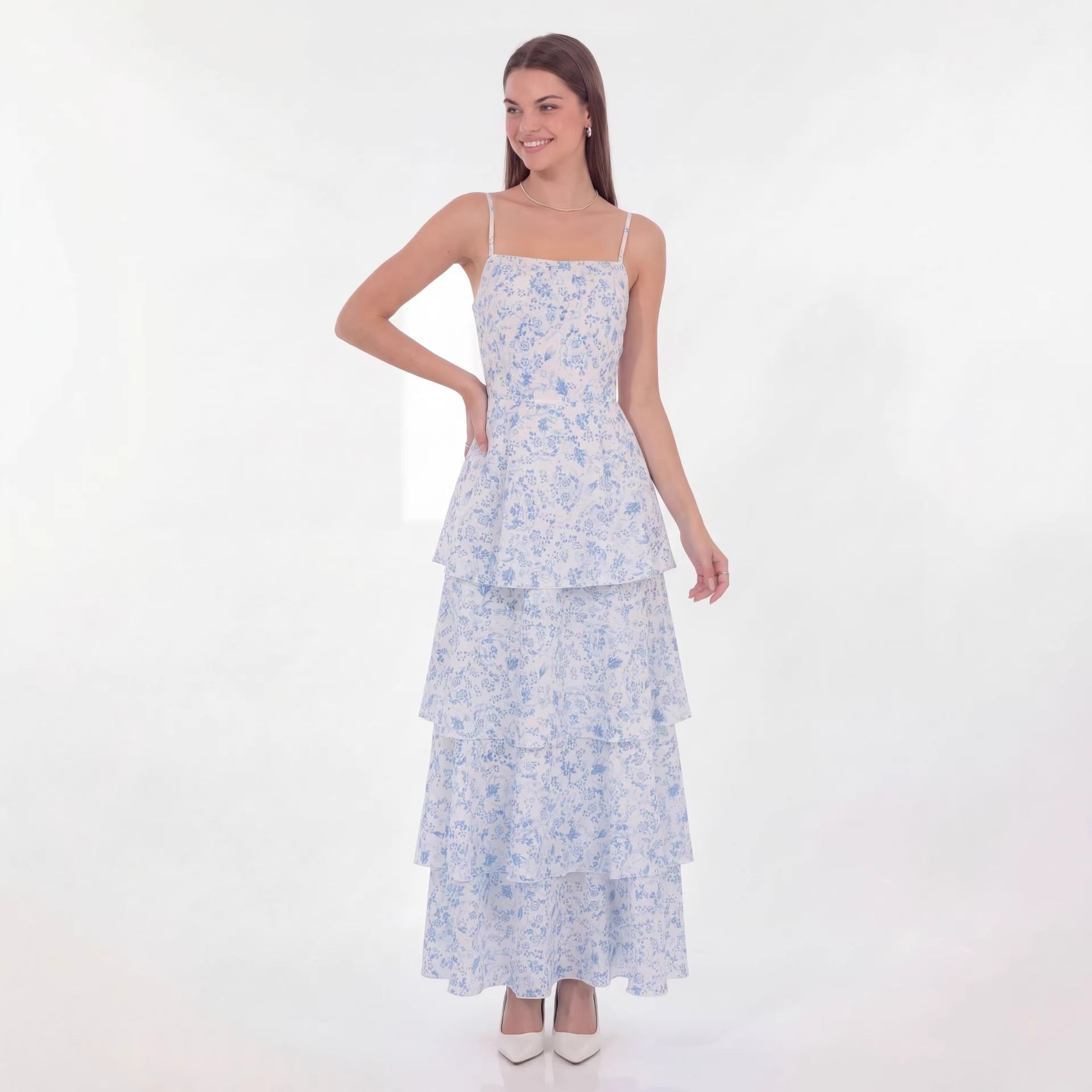 eileen floral print layer strappy maxi dress - blue