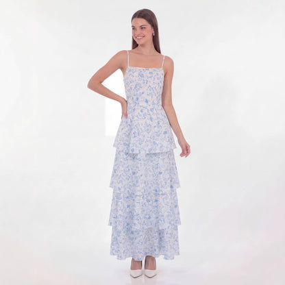 eileen floral print layer strappy maxi dress - blue