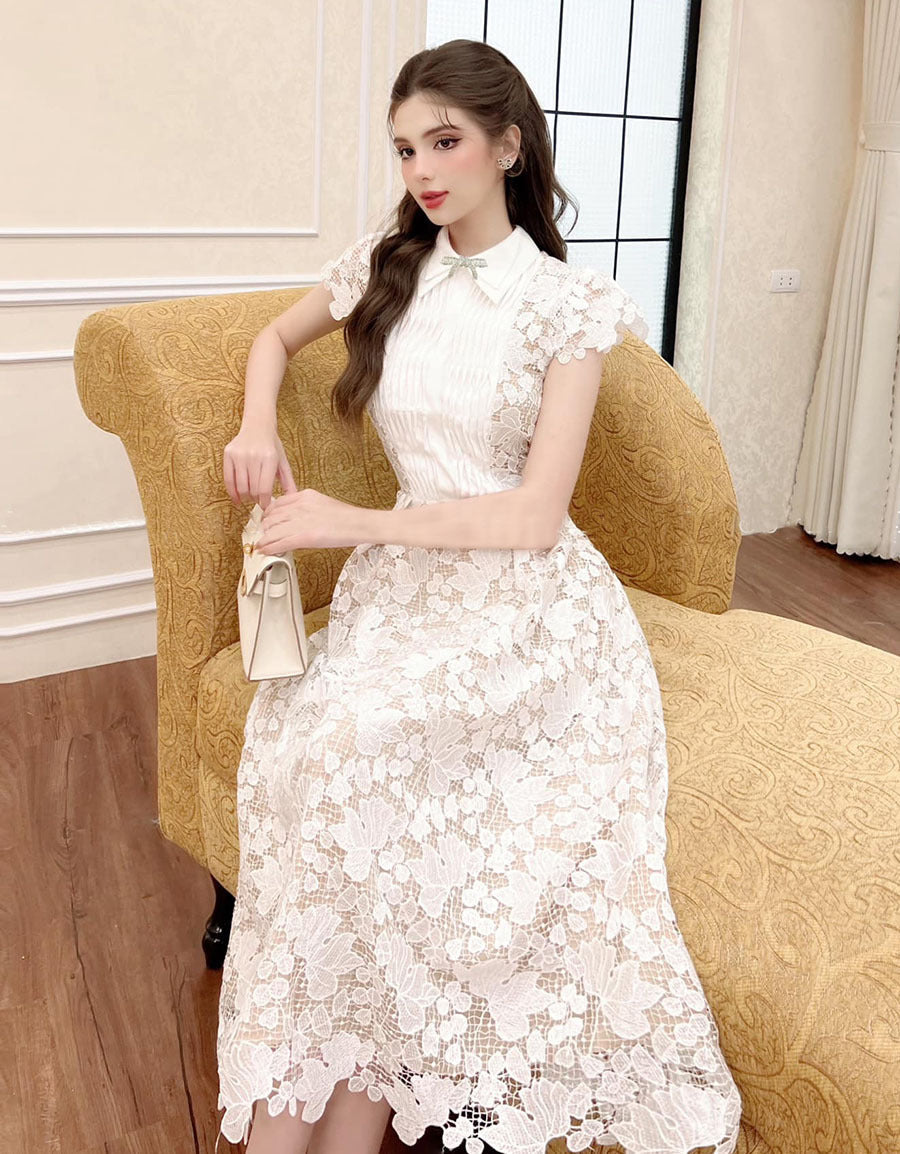 Leila White 3D Flower Embroidery Bow Lace Midi Dress