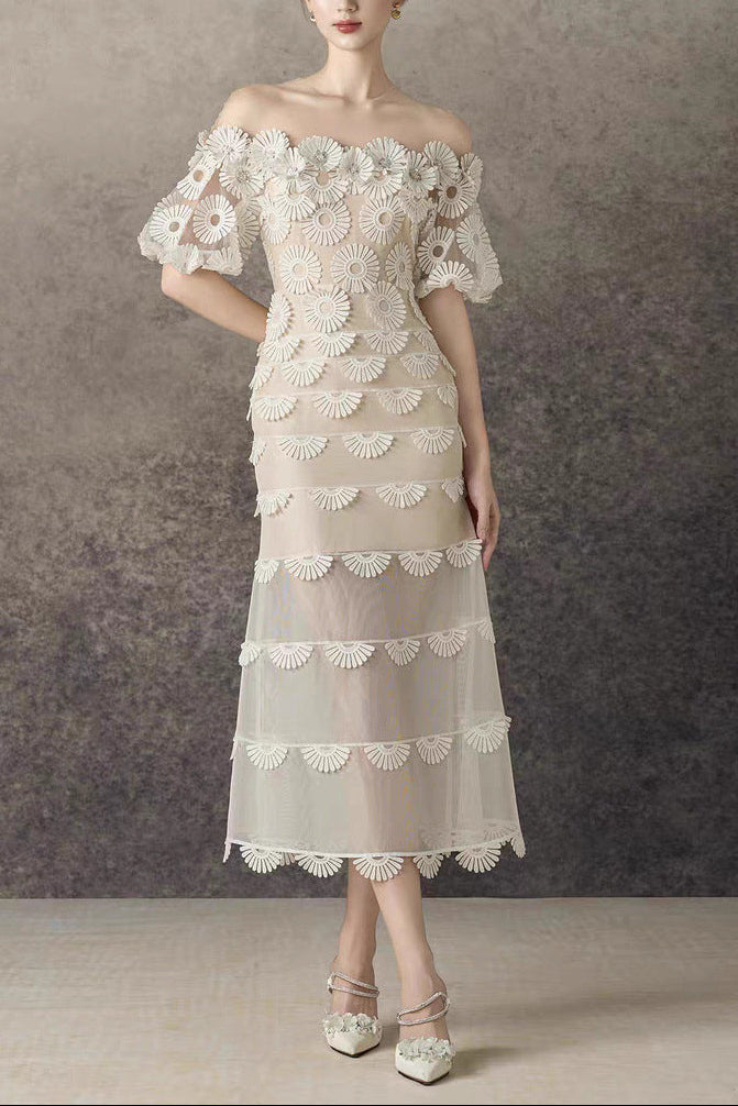 Off-the-Shoulder Daisy Lace Tiered Midi Dress