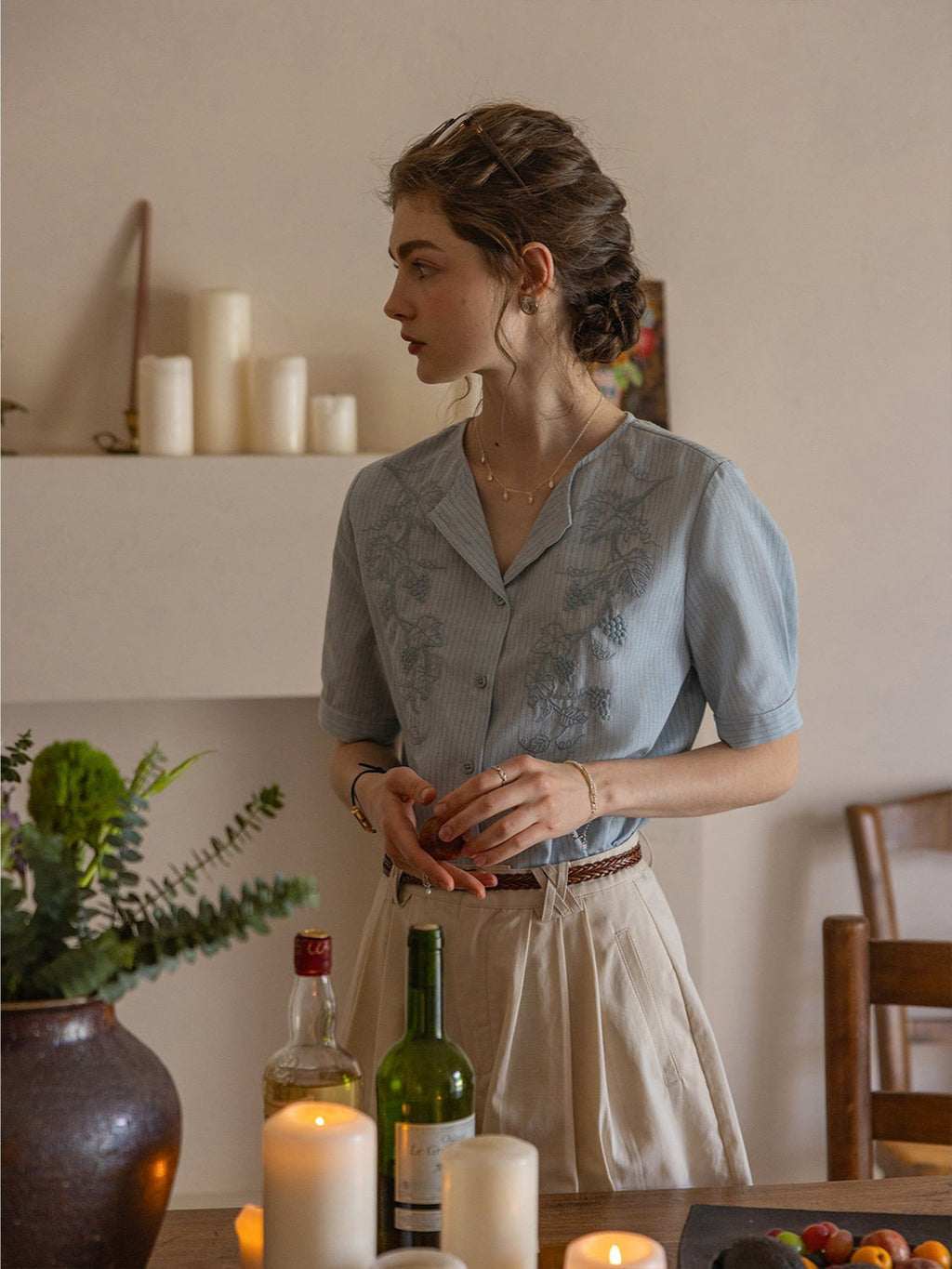 Flowering Girl Women embroidery yarn-dyed striped lapel short-sleeved shirt