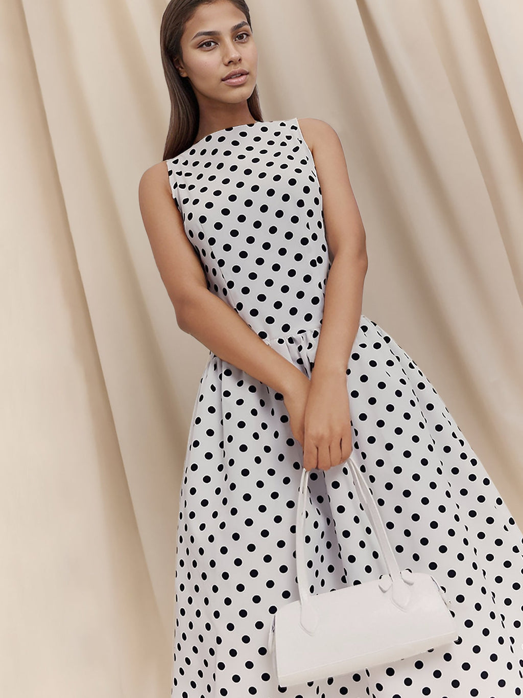 Flowering Girl Women Sleeveless Polka Dot Midi A-line Dres