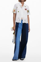 White Embroidered Eyelet Hem Short Sleeve Shirt