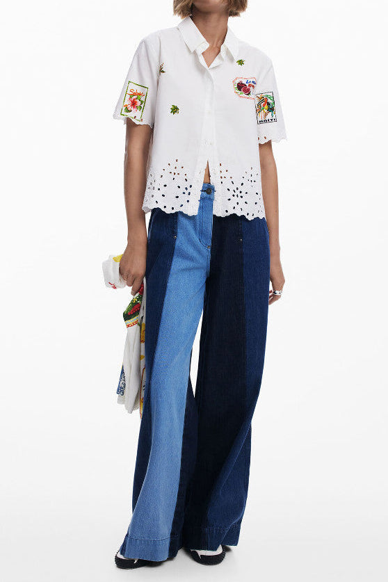 White Embroidered Eyelet Hem Short Sleeve Shirt