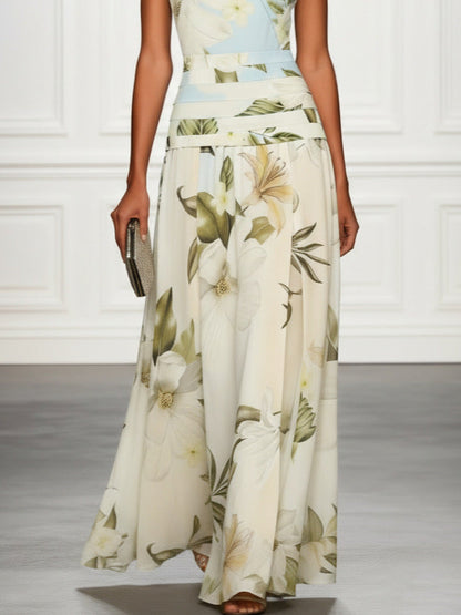 Floral Print Ruched Sleeveless A-Line Maxi Dress